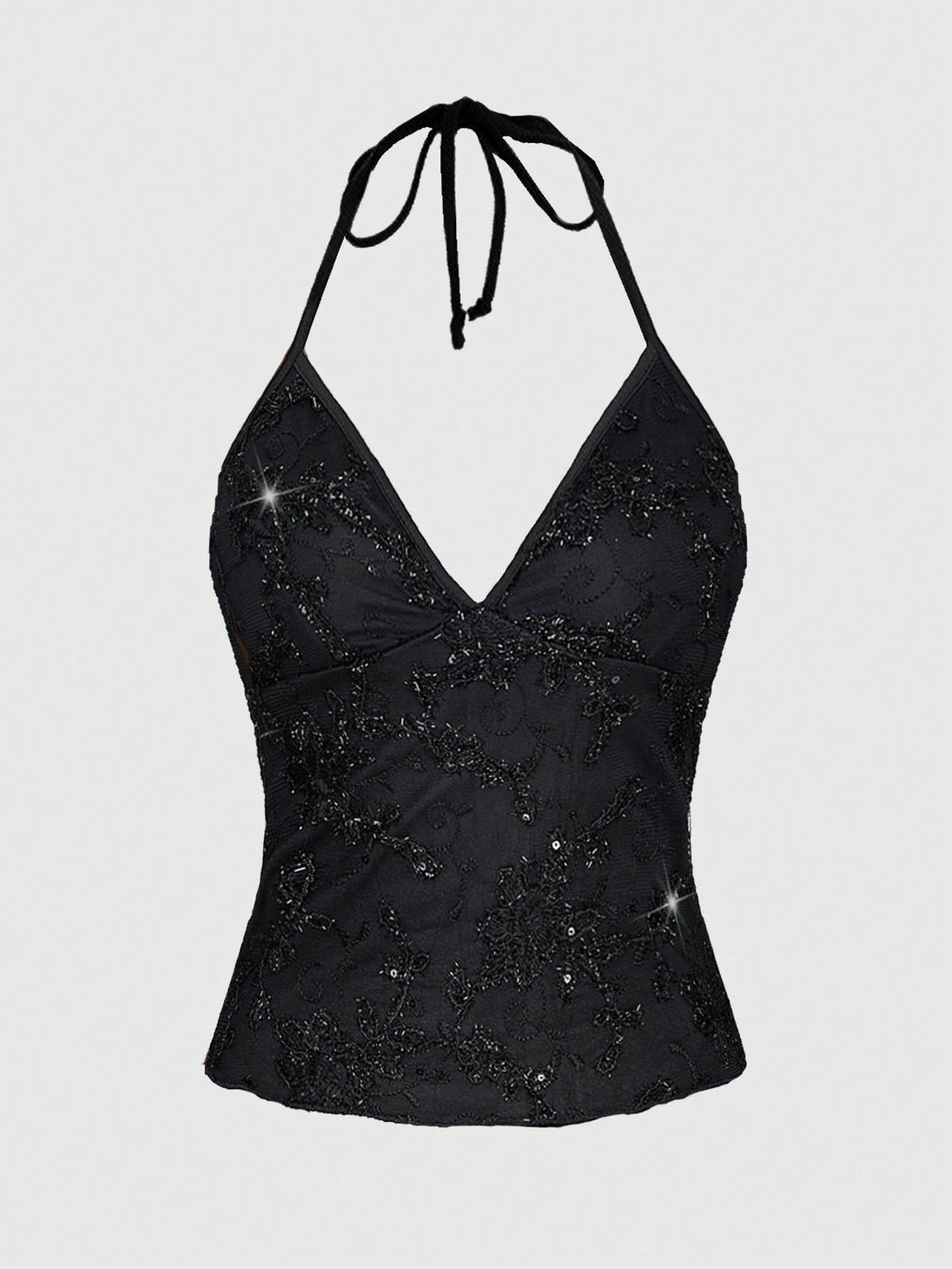 ROMWE Fairycore Summer Fashion Mesh Sequin Embroidered Floral Vine Halter Top