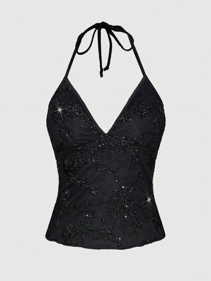 ROMWE Fairycore Summer Fashion Mesh Sequin Embroidered Floral Vine Halter Top