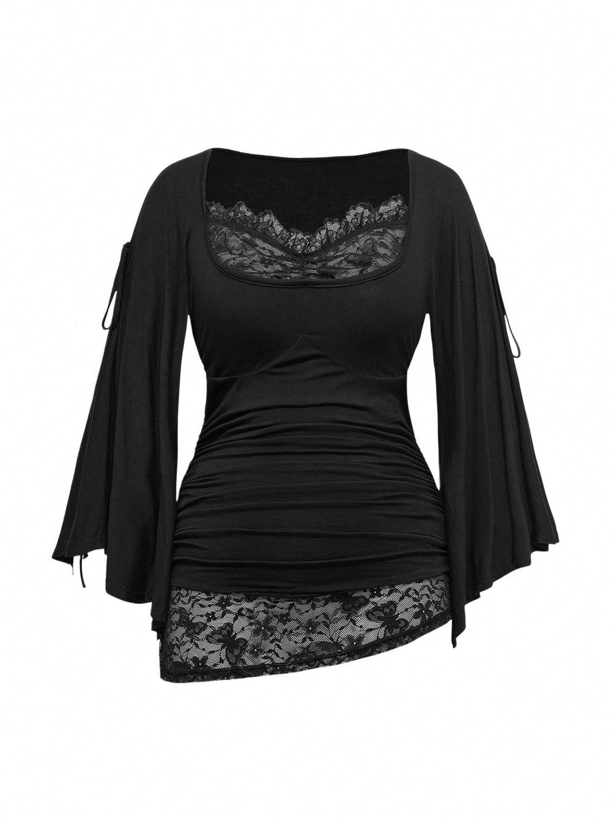 ROMWE Goth Spring/Summer Plus Size Loose Batwing Sleeve Lace Trim Draped Neck T-Shirt For Women