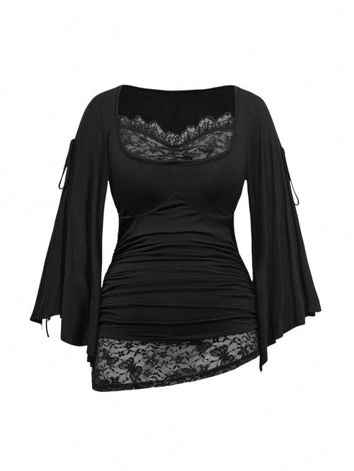 ROMWE Goth Spring/Summer Plus Size Loose Batwing Sleeve Lace Trim Draped Neck T-Shirt For Women