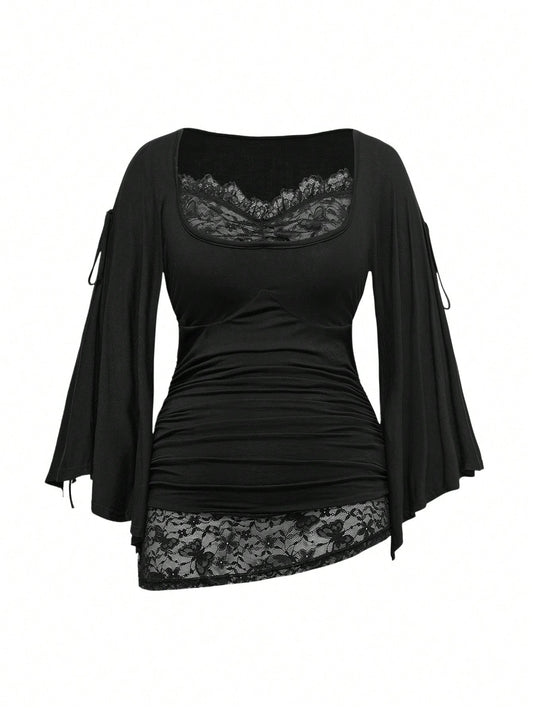 ROMWE Goth Spring/Summer Plus Size Loose Batwing Sleeve Lace Trim Draped Neck T-Shirt For Women