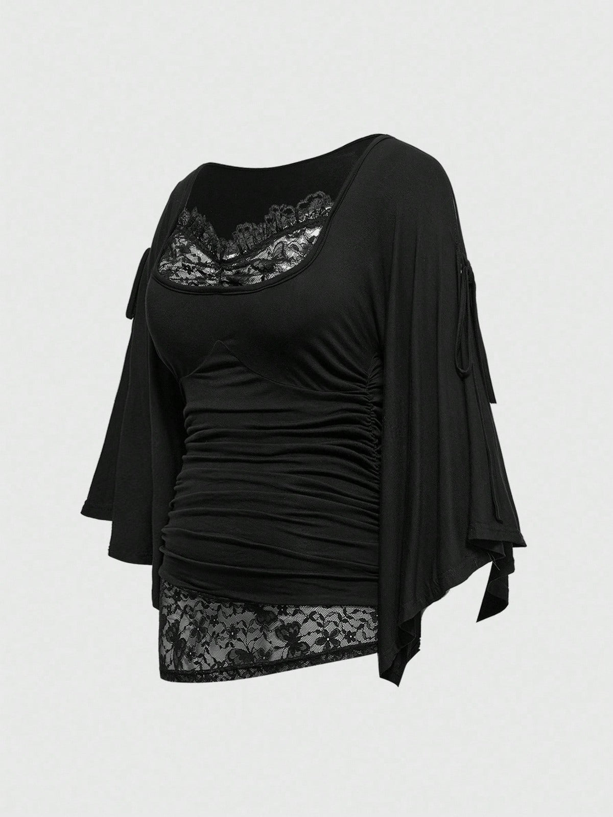 ROMWE Goth Spring/Summer Plus Size Loose Batwing Sleeve Lace Trim Draped Neck T-Shirt For Women