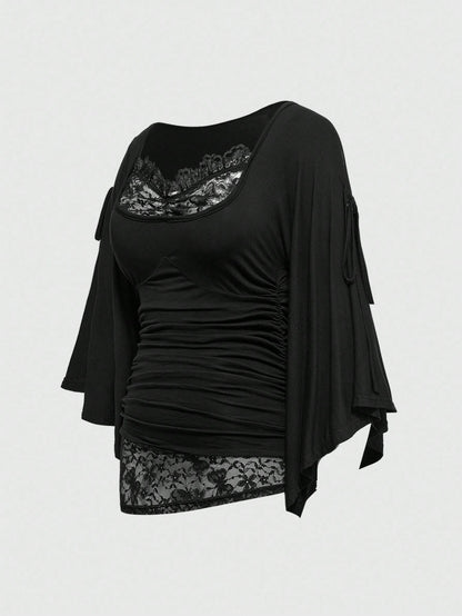 ROMWE Goth Spring/Summer Plus Size Loose Batwing Sleeve Lace Trim Draped Neck T-Shirt For Women