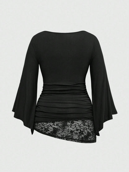 ROMWE Goth Spring/Summer Plus Size Loose Batwing Sleeve Lace Trim Draped Neck T-Shirt For Women