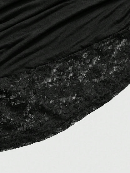 ROMWE Goth Spring/Summer Plus Size Loose Batwing Sleeve Lace Trim Draped Neck T-Shirt For Women