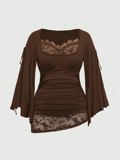ROMWE Goth Spring/Summer Plus Size Loose Batwing Sleeve Lace Trim Draped Neck T-Shirt For Women