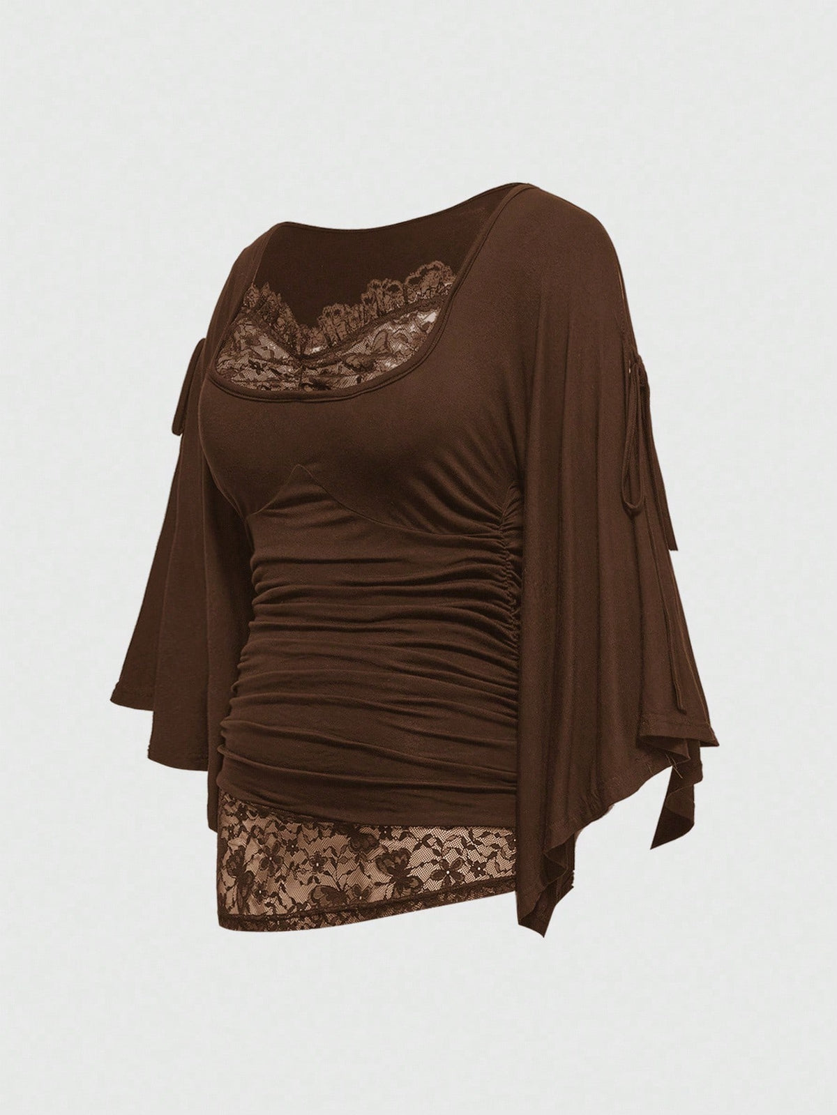 ROMWE Goth Spring/Summer Plus Size Loose Batwing Sleeve Lace Trim Draped Neck T-Shirt For Women