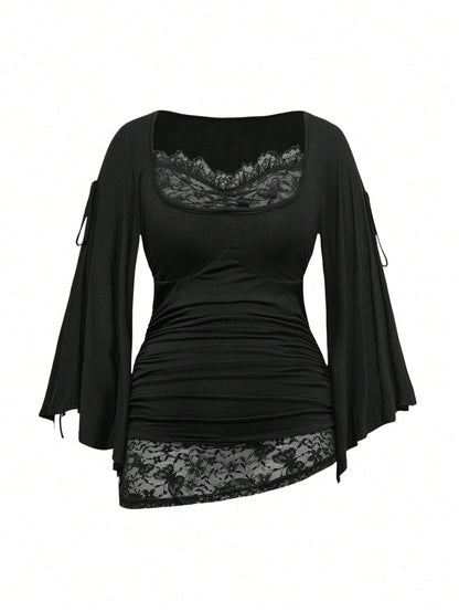 ROMWE Goth Spring/Summer Plus Size Loose Batwing Sleeve Lace Trim Draped Neck T-Shirt For Women