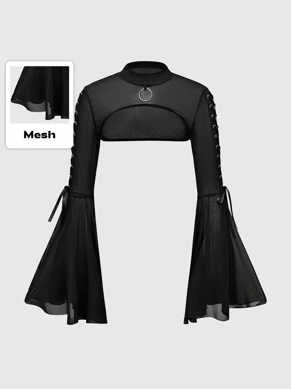 ROMWE Goth Women's Mesh Peephole Drawstring Flare Sleeve Top