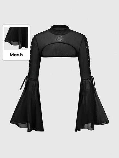 ROMWE Goth Women's Mesh Peephole Drawstring Flare Sleeve Top