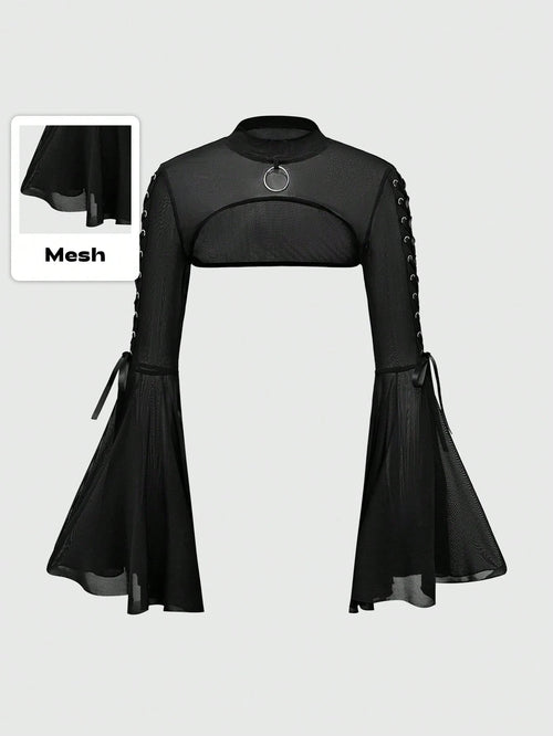 ROMWE Goth Women's Mesh Peephole Drawstring Flare Sleeve Top