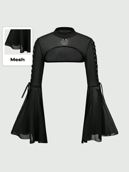 ROMWE Goth Women's Mesh Peephole Drawstring Flare Sleeve Top