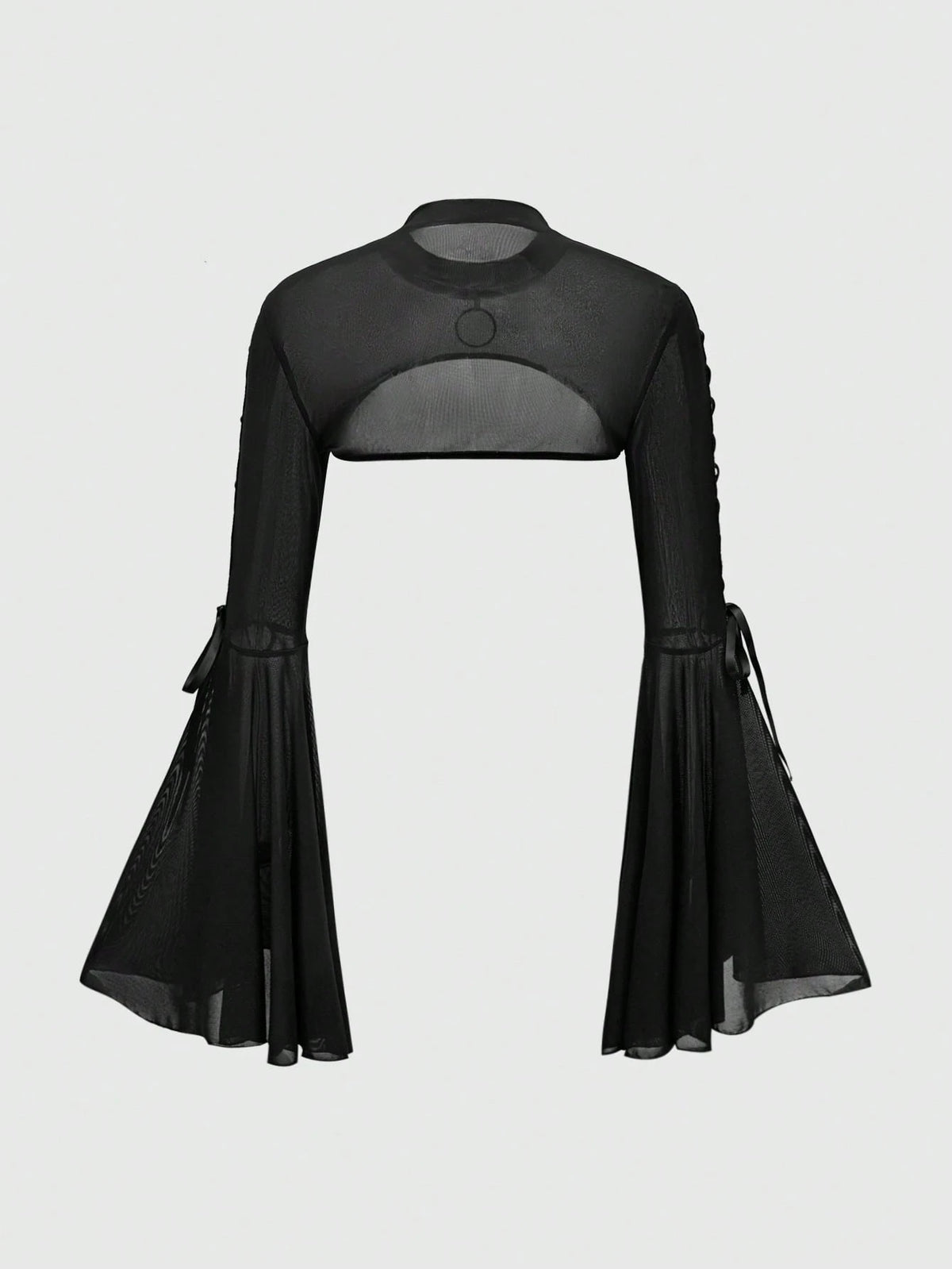 ROMWE Goth Women's Mesh Peephole Drawstring Flare Sleeve Top