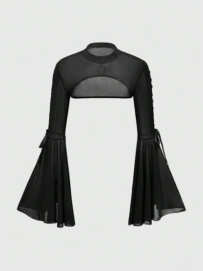ROMWE Goth Women's Mesh Peephole Drawstring Flare Sleeve Top