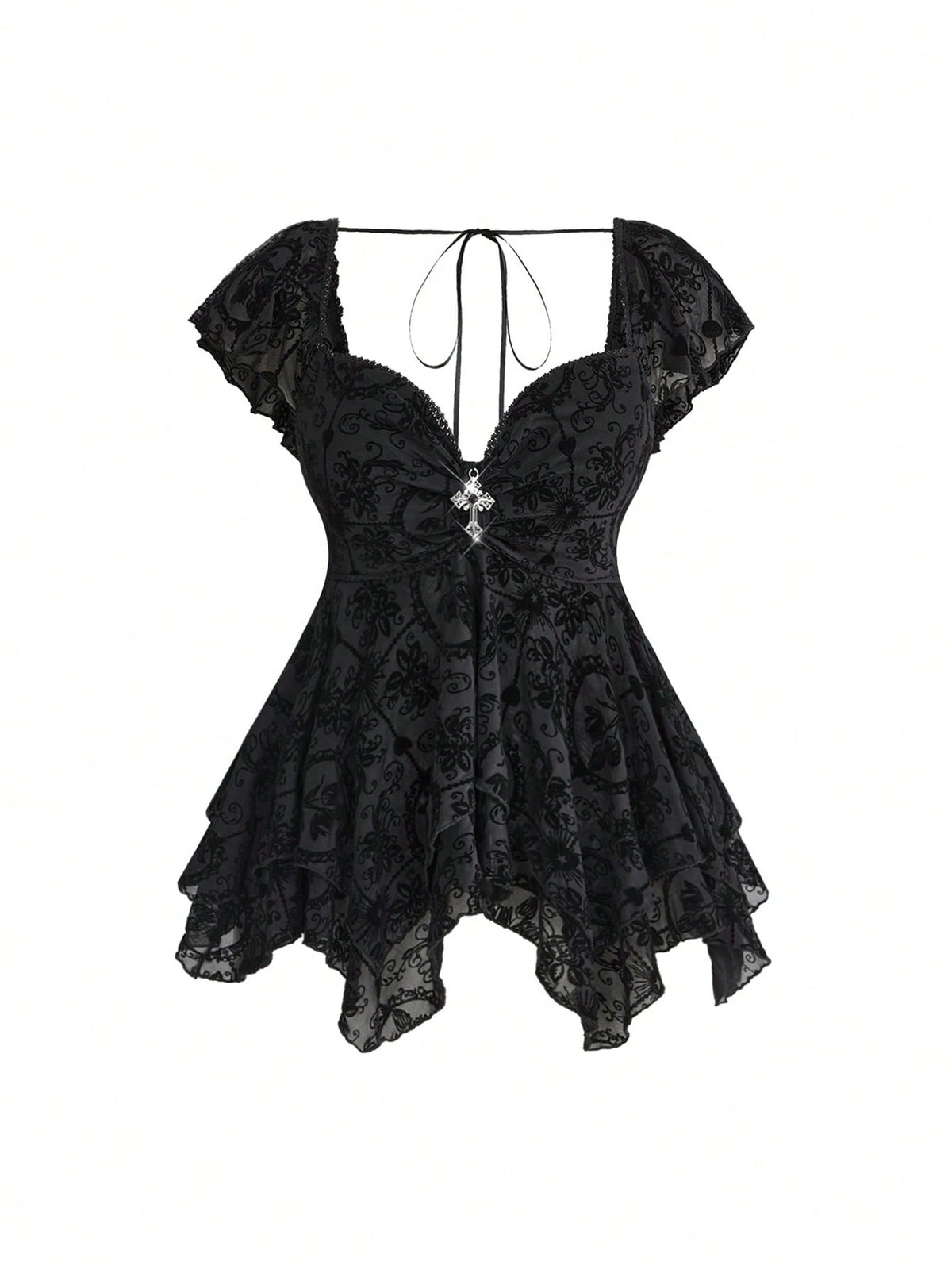 ROMWE Gothic Flocked Cross & Floral Print Mesh Ruched Front Slim Fit Sexy Open Back Plus Size Women Top