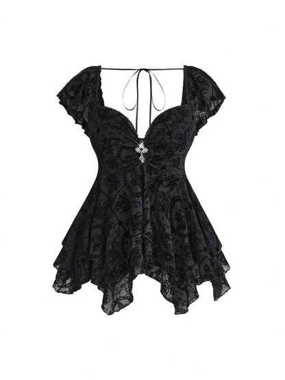 ROMWE Gothic Flocked Cross & Floral Print Mesh Ruched Front Slim Fit Sexy Open Back Plus Size Women Top