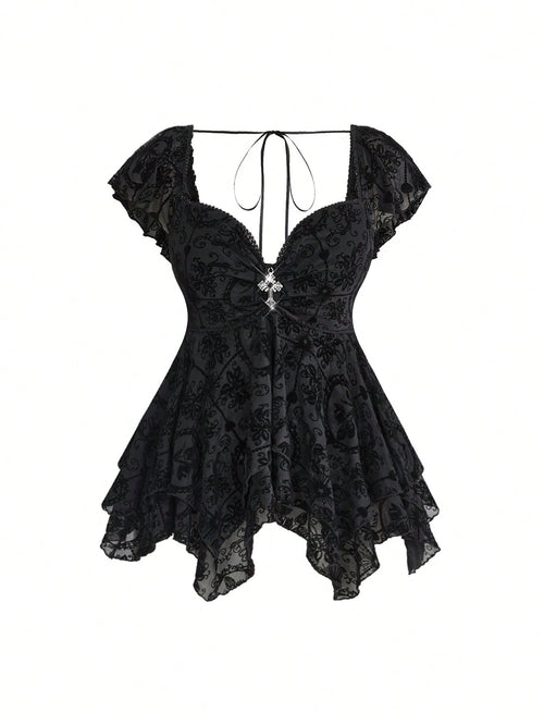 ROMWE Gothic Flocked Cross & Floral Print Mesh Ruched Front Slim Fit Sexy Open Back Plus Size Women Top
