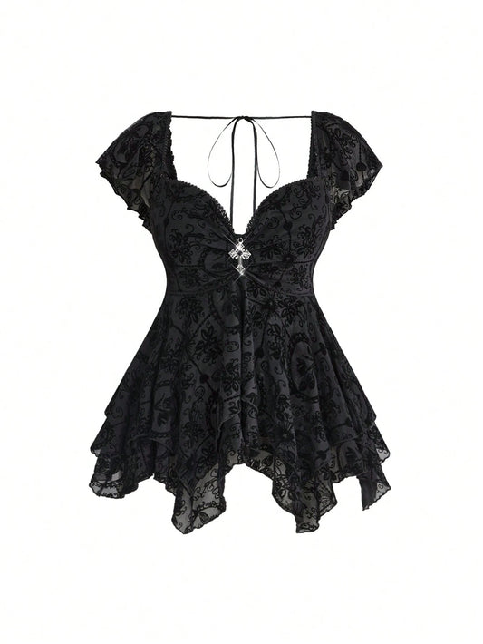 ROMWE Gothic Flocked Cross & Floral Print Mesh Ruched Front Slim Fit Sexy Open Back Plus Size Women Top