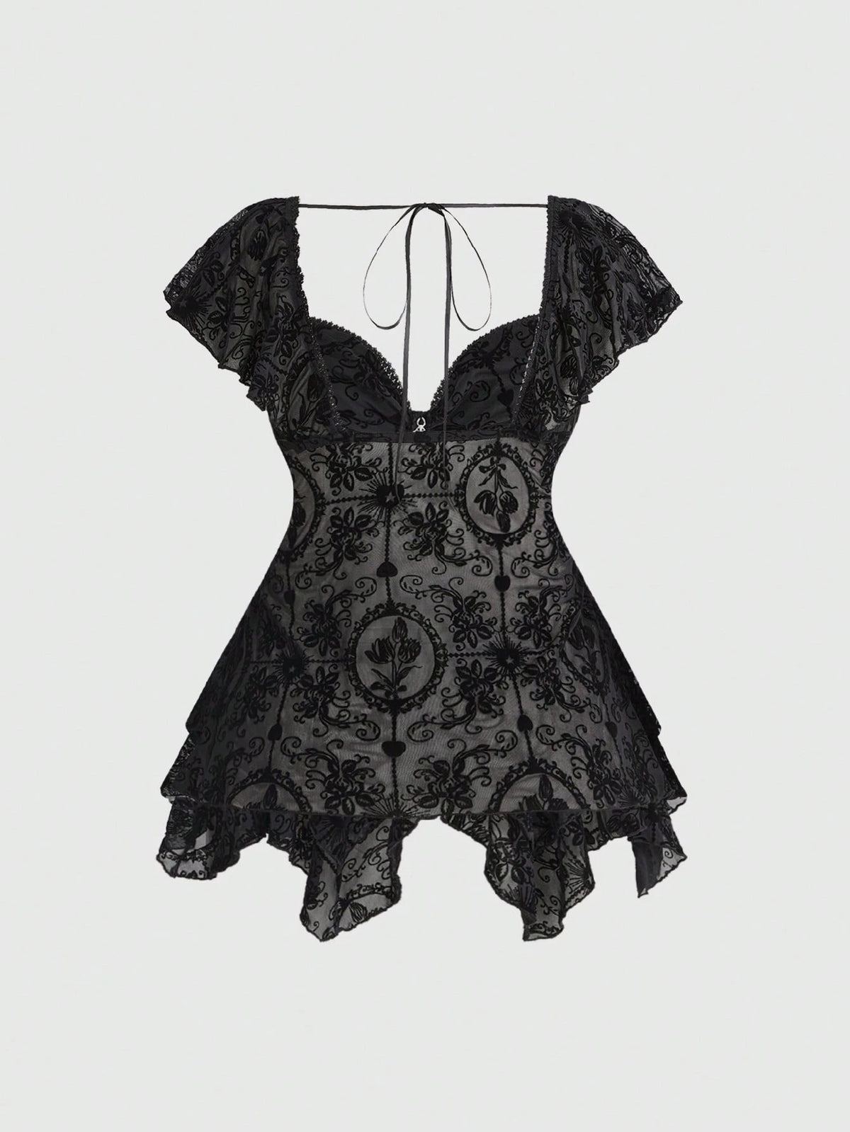 ROMWE Gothic Flocked Cross & Floral Print Mesh Ruched Front Slim Fit Sexy Open Back Plus Size Women Top