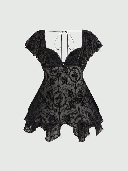 ROMWE Gothic Flocked Cross & Floral Print Mesh Ruched Front Slim Fit Sexy Open Back Plus Size Women Top