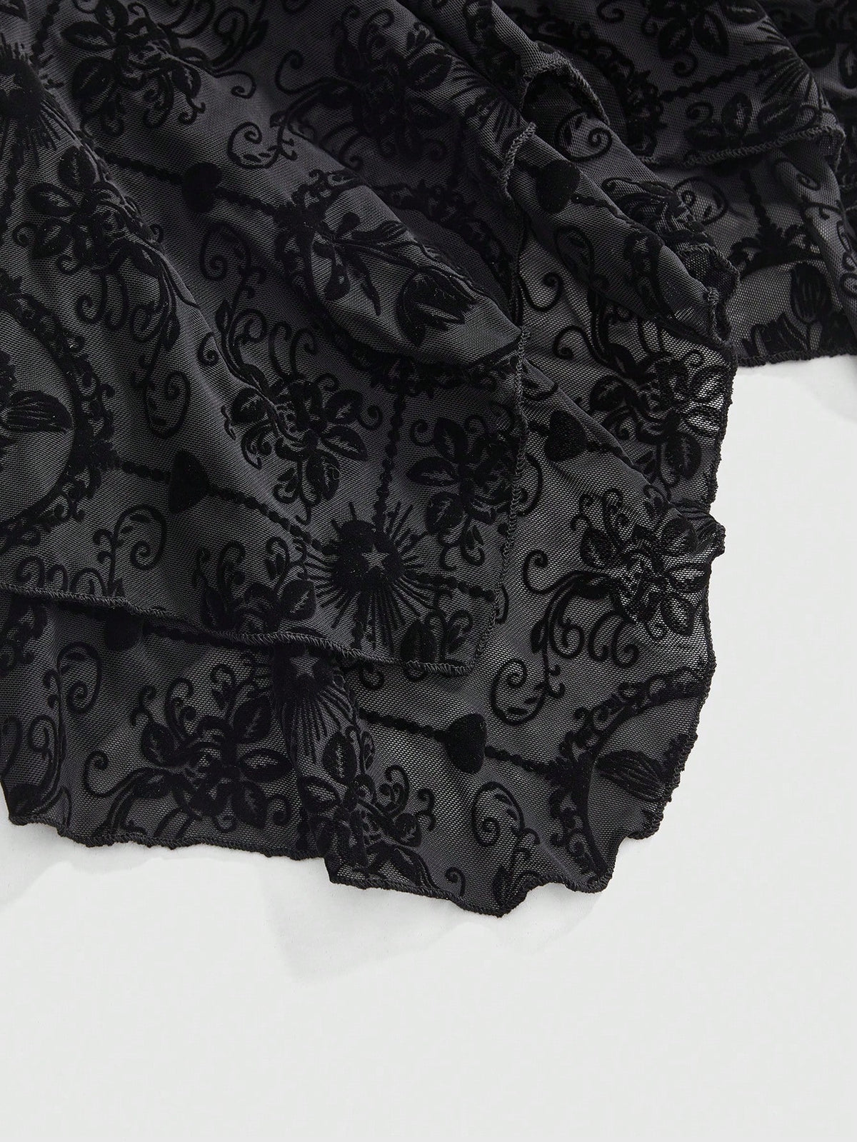 ROMWE Gothic Flocked Cross & Floral Print Mesh Ruched Front Slim Fit Sexy Open Back Plus Size Women Top