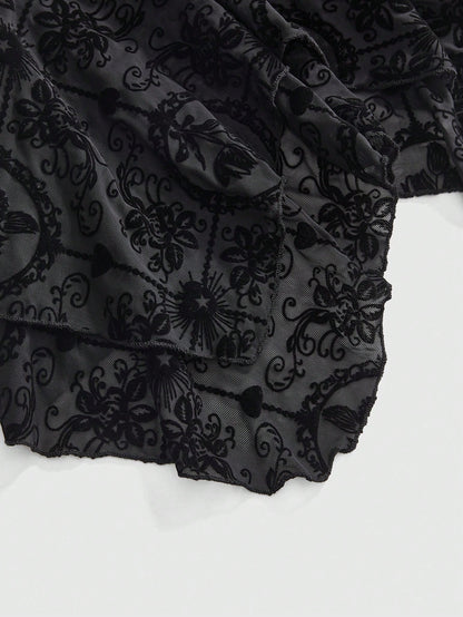 ROMWE Gothic Flocked Cross & Floral Print Mesh Ruched Front Slim Fit Sexy Open Back Plus Size Women Top