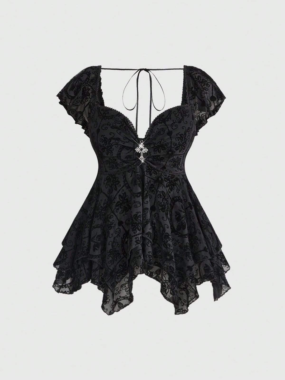 ROMWE Gothic Flocked Cross & Floral Print Mesh Ruched Front Slim Fit Sexy Open Back Plus Size Women Top