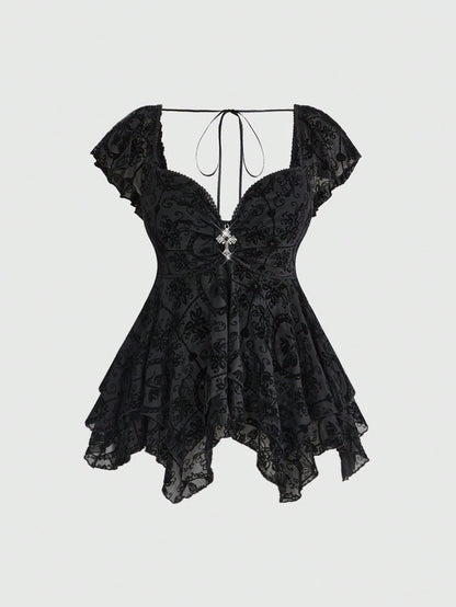 ROMWE Gothic Flocked Cross & Floral Print Mesh Ruched Front Slim Fit Sexy Open Back Plus Size Women Top