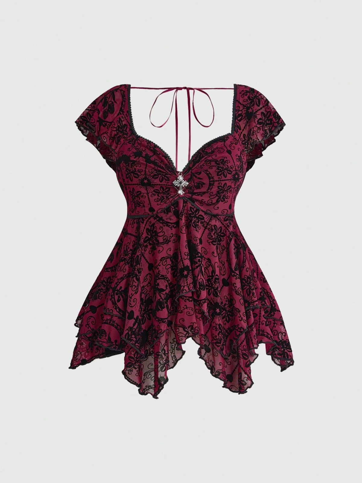 ROMWE Gothic Flocked Cross & Floral Print Mesh Ruched Front Slim Fit Sexy Open Back Plus Size Women Top