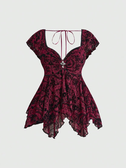 ROMWE Gothic Flocked Cross & Floral Print Mesh Ruched Front Slim Fit Sexy Open Back Plus Size Women Top