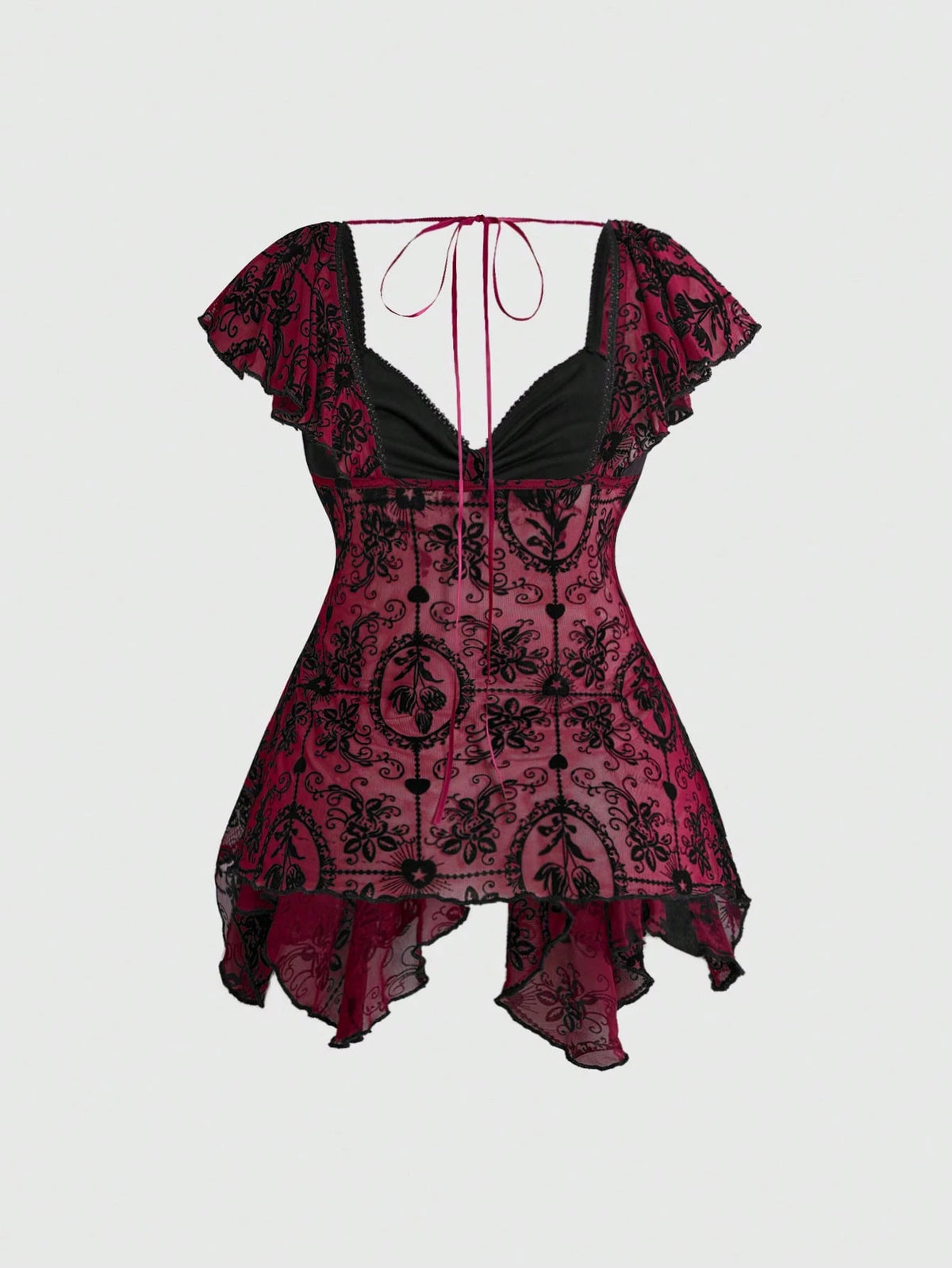 ROMWE Gothic Flocked Cross & Floral Print Mesh Ruched Front Slim Fit Sexy Open Back Plus Size Women Top