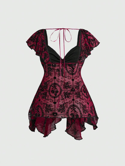 ROMWE Gothic Flocked Cross & Floral Print Mesh Ruched Front Slim Fit Sexy Open Back Plus Size Women Top