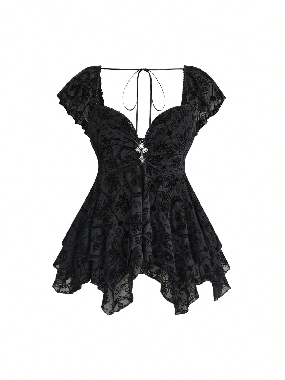 ROMWE Gothic Flocked Cross & Floral Print Mesh Ruched Front Slim Fit Sexy Open Back Plus Size Women Top