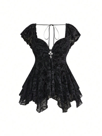 ROMWE Gothic Flocked Cross & Floral Print Mesh Ruched Front Slim Fit Sexy Open Back Plus Size Women Top