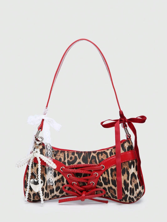 ROMWE Kawaii Ladies Vintage Lattice Butterfly Decorative Chain Imitation Pearl Lace Decorative Shoulder/Underarm Baguette Bag Cheetah Pattern Ladies Wallet