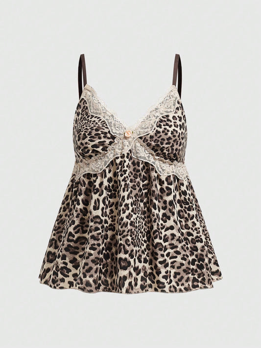 ROMWE Kawaii Plus Size Leopard Print Contrast Lace Trimmed Fashionable Summer Babydoll Cami Top, School