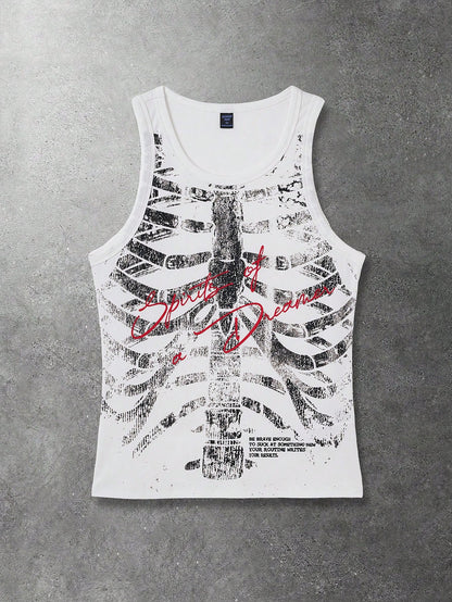 ROMWE MEN Goth Men's Round Neck Sleeveless Wide Strap Casual Fashion Printed Tank Top, Summer