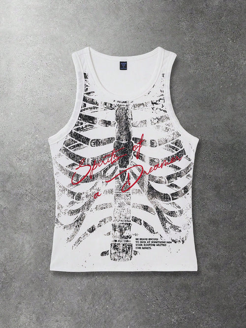 ROMWE MEN Goth Men's Round Neck Sleeveless Wide Strap Casual Fashion Printed Tank Top, Summer