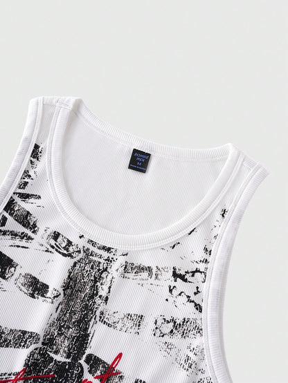 ROMWE MEN Goth Men's Round Neck Sleeveless Wide Strap Casual Fashion Printed Tank Top, Summer