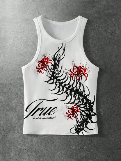 ROMWE MEN Goth Men's Round Neck Sleeveless Wide Strap Casual Fashion Printed Tank Top, Summer