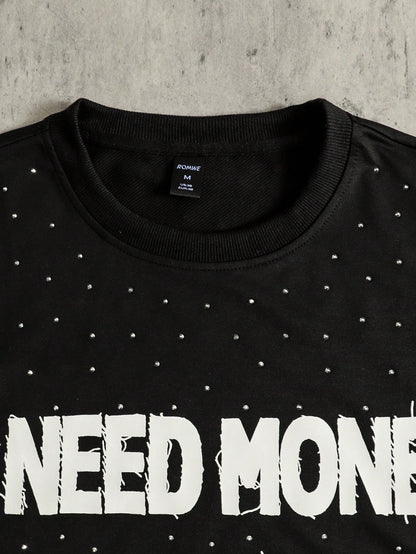 ROMWE MEN Street Life Men's Sparkling Diamond Craft Loose Fit 3/4 Sleeve T-Shirt