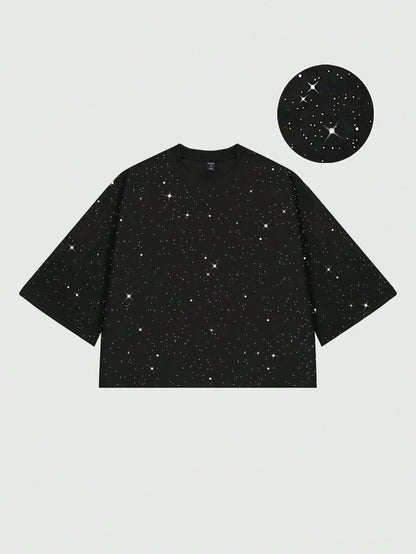 ROMWE MEN Street Life Men's Sparkling Diamond Craft Loose Fit 3/4 Sleeve T-Shirt