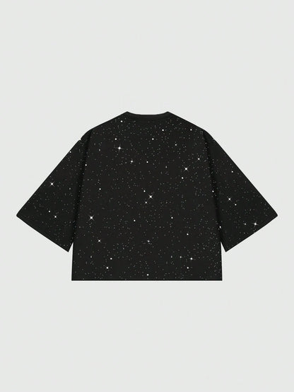 ROMWE MEN Street Life Men's Sparkling Diamond Craft Loose Fit 3/4 Sleeve T-Shirt