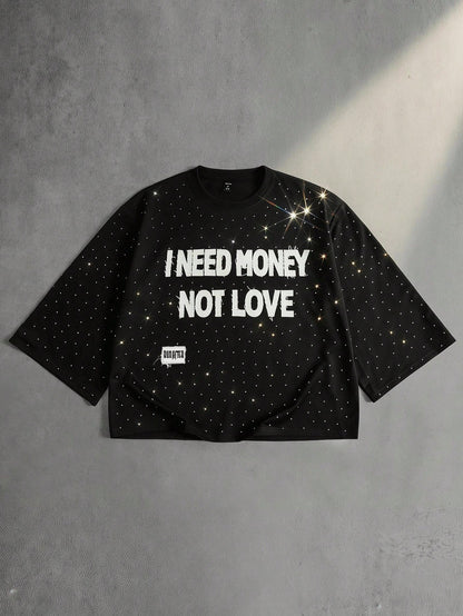 ROMWE MEN Street Life Men's Sparkling Diamond Craft Loose Fit 3/4 Sleeve T-Shirt