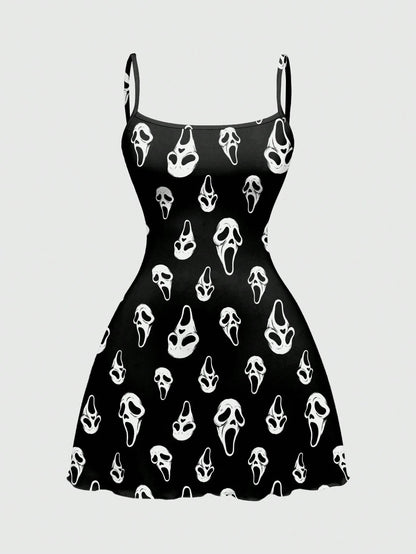 ROMWE Spring/Summer Beach Vacation Graphic Black Gothic Horror Dark Print Sexy Mini Dress For Women, Autumn/Winter