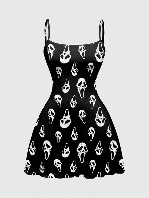 ROMWE Spring/Summer Beach Vacation Graphic Black Gothic Horror Dark Print Sexy Mini Dress For Women, Autumn/Winter