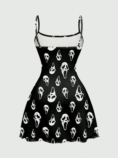 ROMWE Spring/Summer Beach Vacation Graphic Black Gothic Horror Dark Print Sexy Mini Dress For Women, Autumn/Winter
