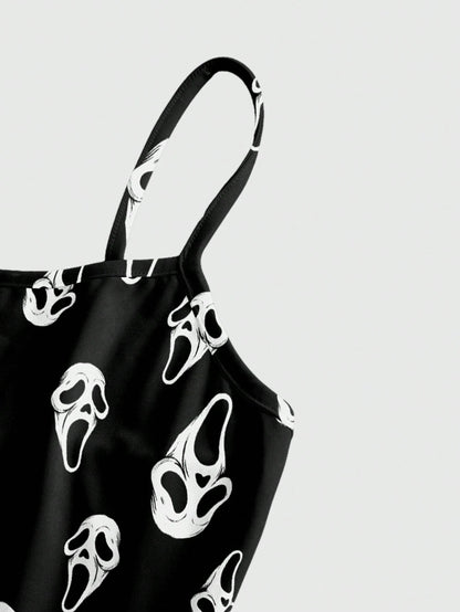 ROMWE Spring/Summer Beach Vacation Graphic Black Gothic Horror Dark Print Sexy Mini Dress For Women, Autumn/Winter