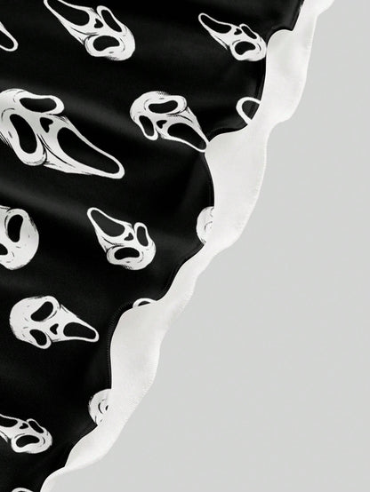 ROMWE Spring/Summer Beach Vacation Graphic Black Gothic Horror Dark Print Sexy Mini Dress For Women, Autumn/Winter