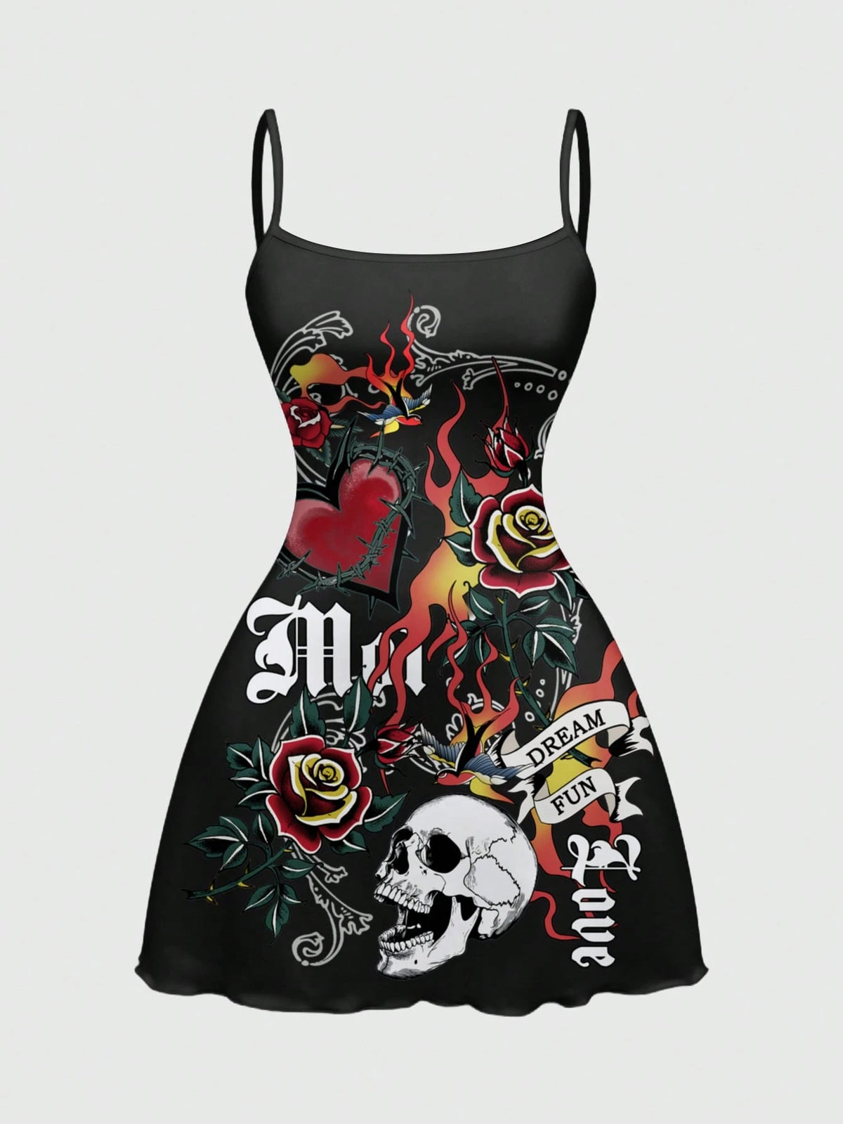 ROMWE Spring/Summer Beach Vacation Graphic Black Gothic Horror Dark Print Sexy Mini Dress For Women, Autumn/Winter